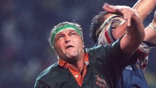 <p>Hannes Strydom of South Africa competes in the line out in the 1995 World Cup against France.</p>