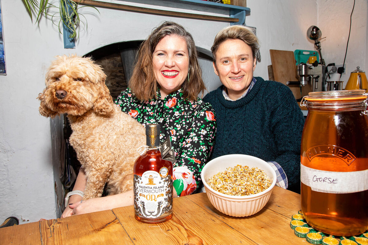 Orla & Anna Snook O'Carroll, plus canine distillery assistant, at their home on Valentia Island. Picture Alan Landers. Orla & Anna Snook O'Carroll, plus canine distillery assistant, at their home on Valentia Island. Picture Alan Landers.