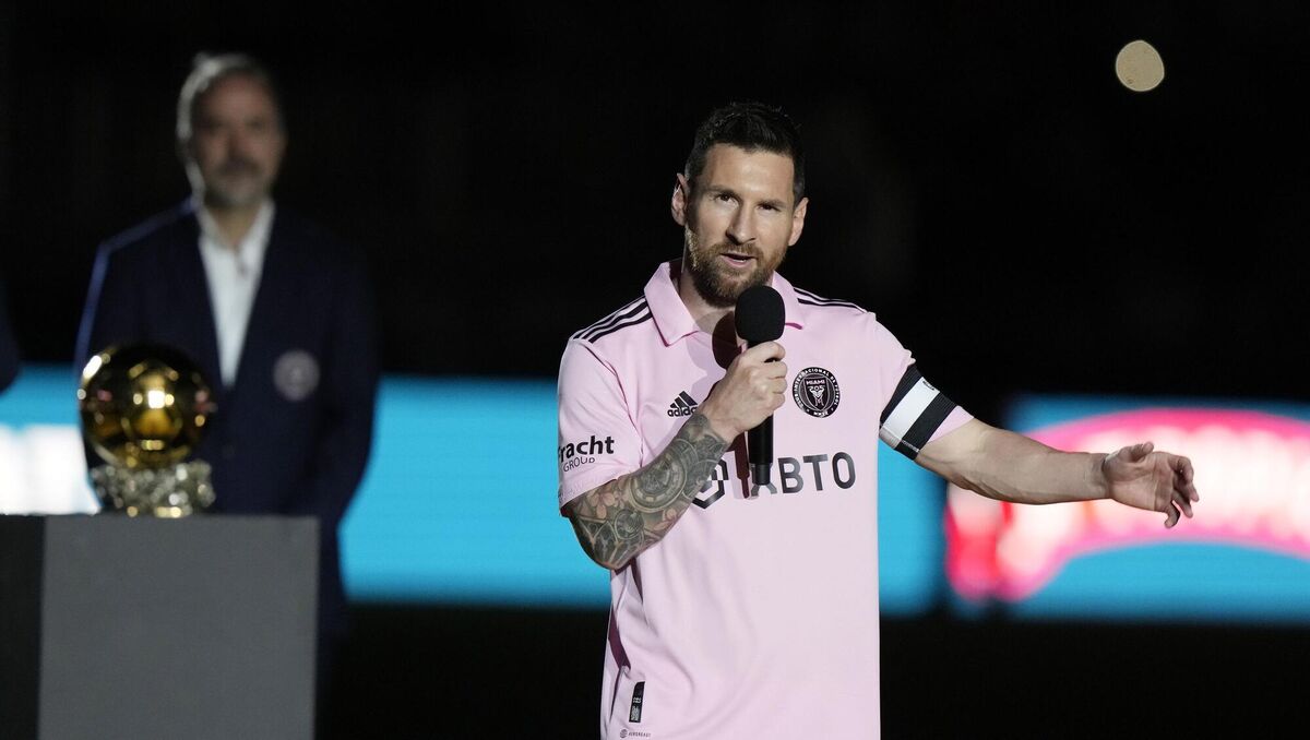 Inter Miami forward Lionel Messi speaks during a ceremony honoring his Ballon d'Or trophy. Inter Miami forward Lionel Messi speaks during a ceremony honoring his Ballon d'Or trophy.