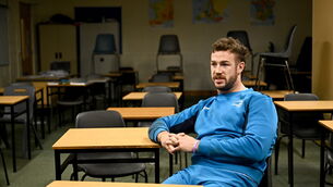 <p>EVERYDAY'S A SCHOOLDAY: Caelan Doris speaks to the media after a squad training session on the Leinster Rugby 12 Counties Tour at Kilkenny College. Pic: Harry Murphy/Sportsfile</p>
