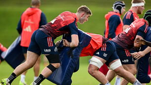 <p>PRODUCTION LINE: Jack Crowley, left, during a Munster rugby squad training session at University of Limerick in Limerick. Pic: Brendan Moran/Sportsfile</p>