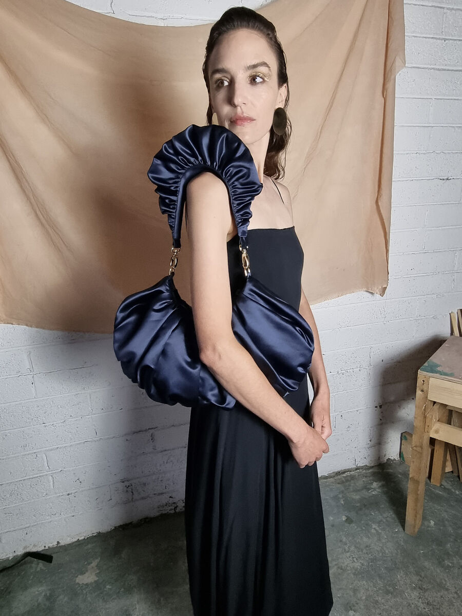 August Night's Mini Ruche Hobo in Navy Satin.