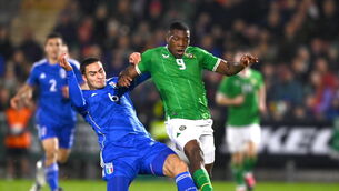 <p>LATE HEARTBREAK: Sinclair Armstrong of the Republic of Ireland in action against Diego Coppola of Italy. Pic: Eóin Noonan/Sportsfile</p>
