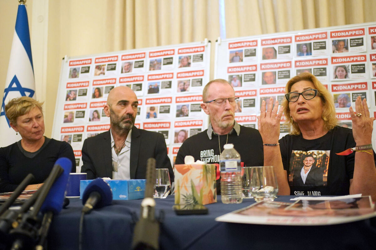 Family members of Israeli hostages who are currently being held in Gaza, Thomas Hand (second right), the father of nine-year-old Irish-Israeli child Emily Hand, Iris Haim (left), the mother of Yotam Haim and Orit Meir (right) the mother of Almog Meir, 21, during a press conference at the Israel Embassy in London. Picture: Victoria Jones/PA Wire