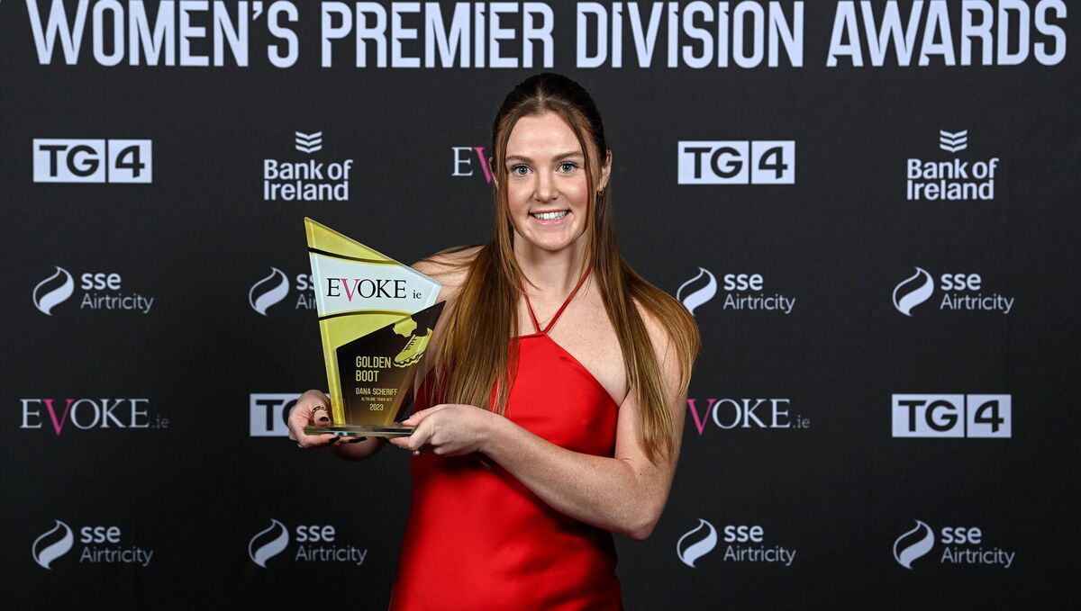 GOLDEN BOOT AWARD: Dana Scheriff of Athlone Town with the EVOKE.ie Golden Boot award. Pic: Stephen McCarthy/Sportsfile GOLDEN BOOT AWARD: Dana Scheriff of Athlone Town with the EVOKE.ie Golden Boot award. Pic: Stephen McCarthy/Sportsfile