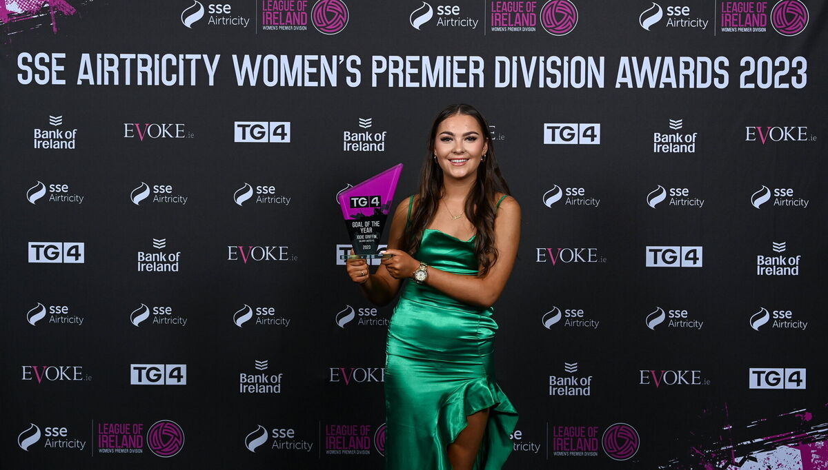 GOAL OF THE YEAR: Jodie Griffin of Galway United with the TG4 Goal of the Year award. Pic:Â Stephen McCarthy/Sportsfile GOAL OF THE YEAR: Jodie Griffin of Galway United with the TG4 Goal of the Year award. Pic:Â Stephen McCarthy/Sportsfile