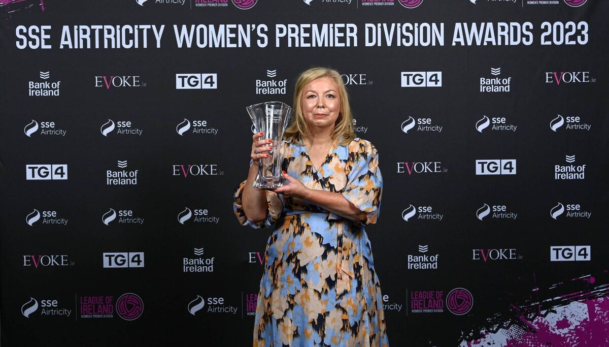 SERVICES AWARD: Peamount United's Katie Thompson accepts her Services to Women's Football award and also on behalf of Elaine Harrington. Pic:Stephen McCarthy/Sportsfile SERVICES AWARD: Peamount United's Katie Thompson accepts her Services to Women's Football award and also on behalf of Elaine Harrington. Pic:Stephen McCarthy/Sportsfile