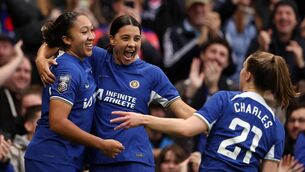 <p>COMFORTABLE NIGHT: Lauren James of Chelsea celebrates with teammates Sam Kerr and Niamh Charles after scoring the team's third goal during the Barclays Women's Super League match. Pic: Richard Heathcote/Getty Images</p>
