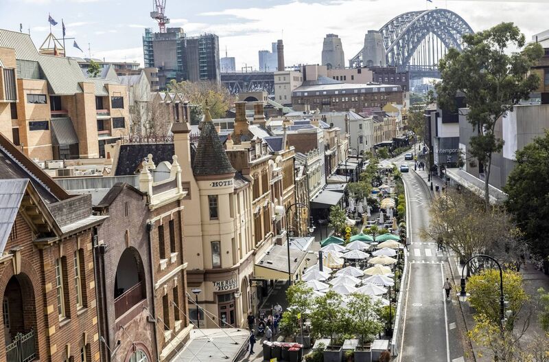 Aerial view of The Rocks with Harbour Bridge