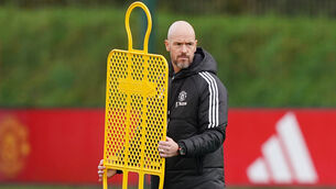 <p>Manchester United manager Erik ten Hag during a training session at the Trafford Training Centre in Carrington.</p>