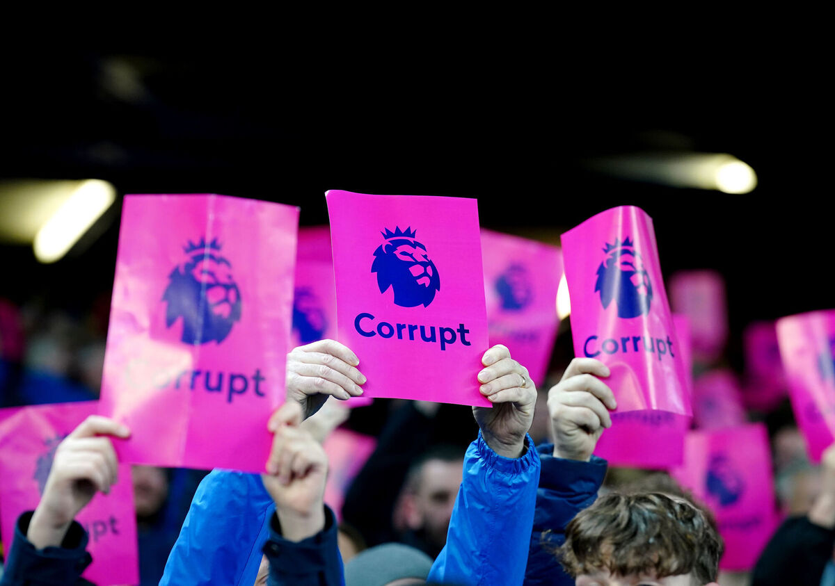 Everton fans protest against the Premier League ahead of the Premier League match at Goodison Park. Photo credit: Peter Byrne/PA Wire