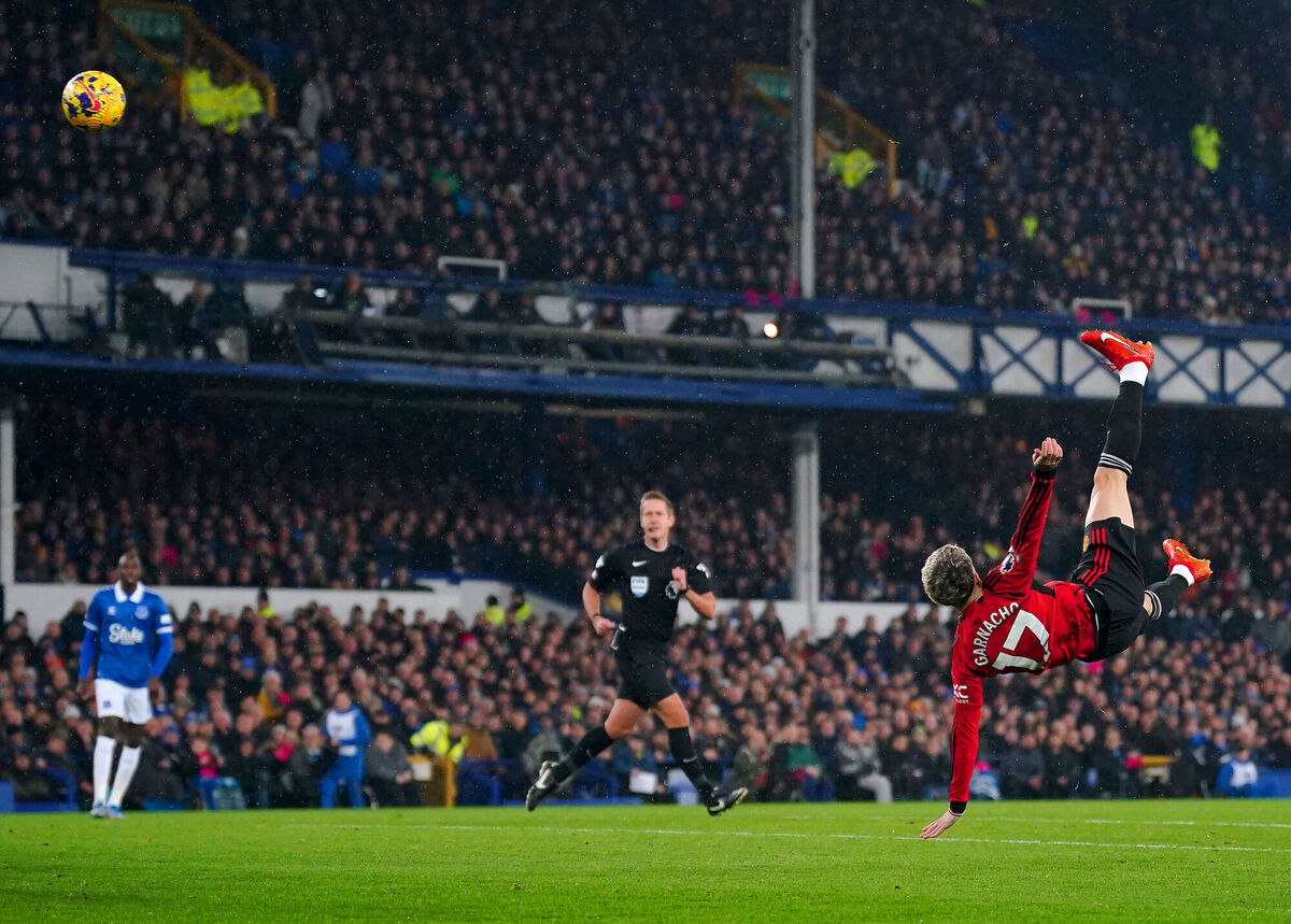 Manchester United's Alejandro Garnacho scores their side's first goal of the game. Photo credit: Peter Byrne/PA Wire