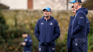 <p>STRAIGHT TO WORK: Senior Coach Jacques Nienaber with Head Coach Leo Cullen.  Pic:©INPHO/Ben Brady</p>