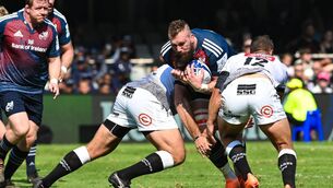 <p>LATEST SPELL OUT: RG Snyman of Munster is tackled by Rohan Janse van Rensburg of Cell C Sharks. Pic: Darren Stewart/Sportsfile</p>