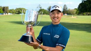 <p>Min Woo Lee celebrates victory at the Australian PGA Championship at Royal Queensland Golf Club.</p>