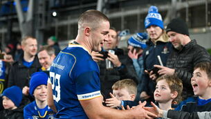 <p>WAITING GAME: Scott Penny of Leinster shakes hands with young supporters after his side's victory in the United Rugby Championship match between Leinster and Munster at the Aviva Stadium in Dublin. Pic: Tyler Miller/Sportsfile</p>