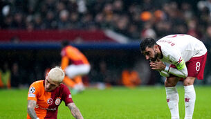 <p>Manchester United's Bruno Fernandes (right) rues a missed chance during the UEFA Champions League Group A match at RAMS Park, Istanbul. Picture: Nick Potts/PA Wire.</p>