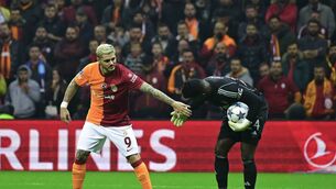 <p>TOPSHOT - Galatasaray's Argentine forward #09 Mauro Icardi shakes hands with Manchester United's Cameroonian goalkeeper #24 Andre Onana during the UEFA Champions League 1st round, day 5, Group A football match between Galatasaray and Manchester United at Ali Sami Yen Spor Kompleksi in Istanbul, on November 29, 2023. (Photo by YASIN AKGUL / AFP) (Photo by YASIN AKGUL/AFP via Getty Images)</p>