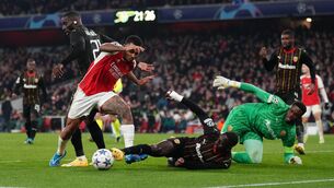 <p>Arsenal's Gabriel Jesus is tackled by Lens' Massadio Haidara (left) and Deiver Machado at the Emirates Stadium</p>