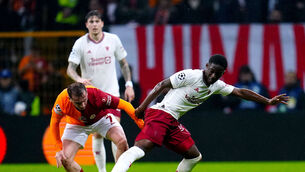 <p>GLIMMER OF LIGHT: Galatasaray's Kerem Akturkoglu (left) and Manchester United's Kobbie Mainoo battle for the ball. Pic: Nick Potts/PA Wire.</p>
