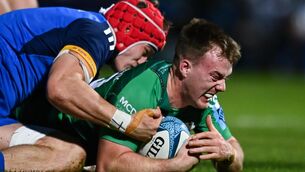 <p>LATEST RENEWAL: David Hawkshaw of Connacht scores his side's first try despite the tackle of Josh van der Flier of Leinster during the United Rugby Championship between Leinster and Connacht at RDS Arena in Dublin last January. Pic: Ben McShane/Sportsfile</p>