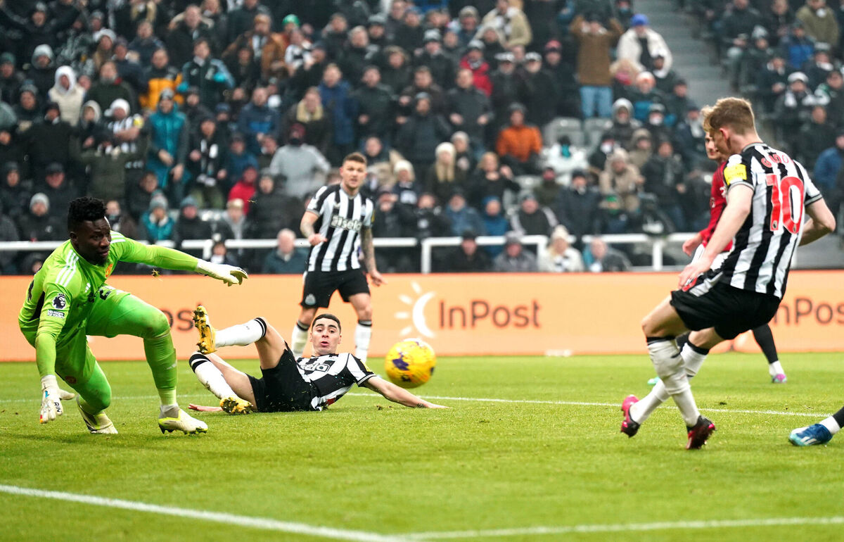 Newcastle United's Anthony Gordon scores. Photo credit: Owen Humphreys/PA Wire