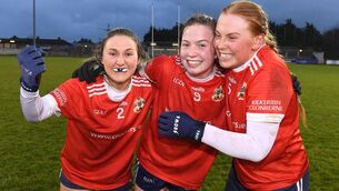 <p>BACK IN THE FINAL: Kilkerrin-Clonberne players, from left, Chloe Costello, Hannah Noone and Katelyn Mee celebrate. Photo by Matt Browne/Sportsfile</p>