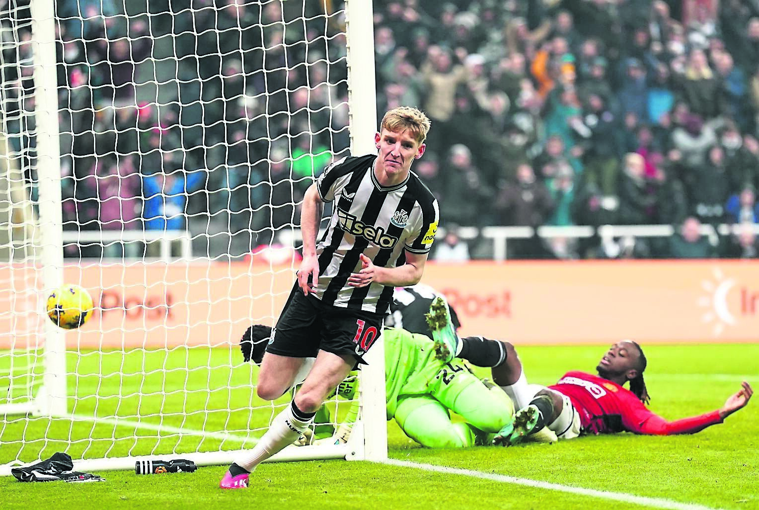 Newcastle United’s Anthony Gordon celebrates after opening the scoring 10 minutes into the second half in their Premier League clash with Manchester United at St James’ Park.	Picture: Owen Humphreys/PA