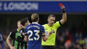 <p>Chelsea's Conor Gallagher receives a red card against Brighton and Hove Albion.</p>