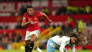 <p>Manchester United's Anthony Martial (left) and Crystal Palace's Jairo Riedewald battle for the ball during the Carabao Cup third round.</p>