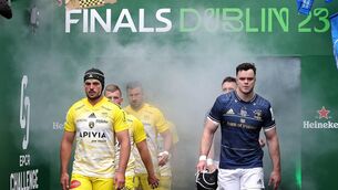<p>FINAL RE-RUN: Gregory Alldritt (L) captain of La Rochelle walks out of the tunnel with Leinster Captain James Ryan during the Heineken Cup Champions Cup final at the Aviva Stadium on May 20, 2023. (Pic: David Rogers/Getty Images</p>