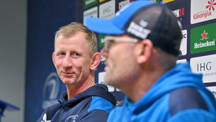 <p>Head coach Leo Cullen, left, and senior coach Jacques Nienaber during a Leinster Rugby media conference at UCD in Dublin. Photo by Brendan Moran/Sportsfile</p>