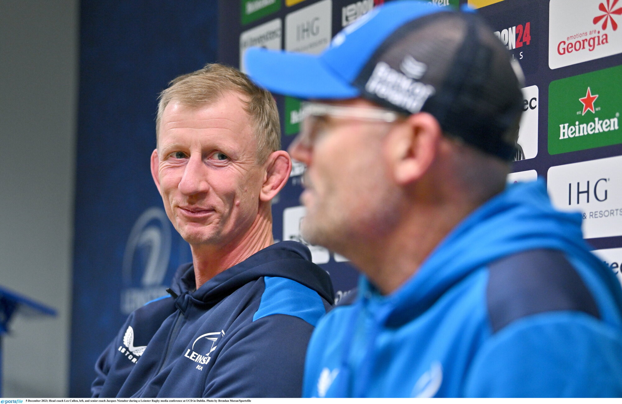 Head coach Leo Cullen, left, and senior coach Jacques Nienaber during a Leinster Rugby media conference at UCD in Dublin. Photo by Brendan Moran/Sportsfile