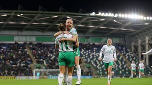 <p>JOY OF SIX: Ireland’s Katie McCabe celebrates scoring her side's fourth goal with Denise O'Sullivan. Pic: ©INPHO/Ryan Byrne</p>