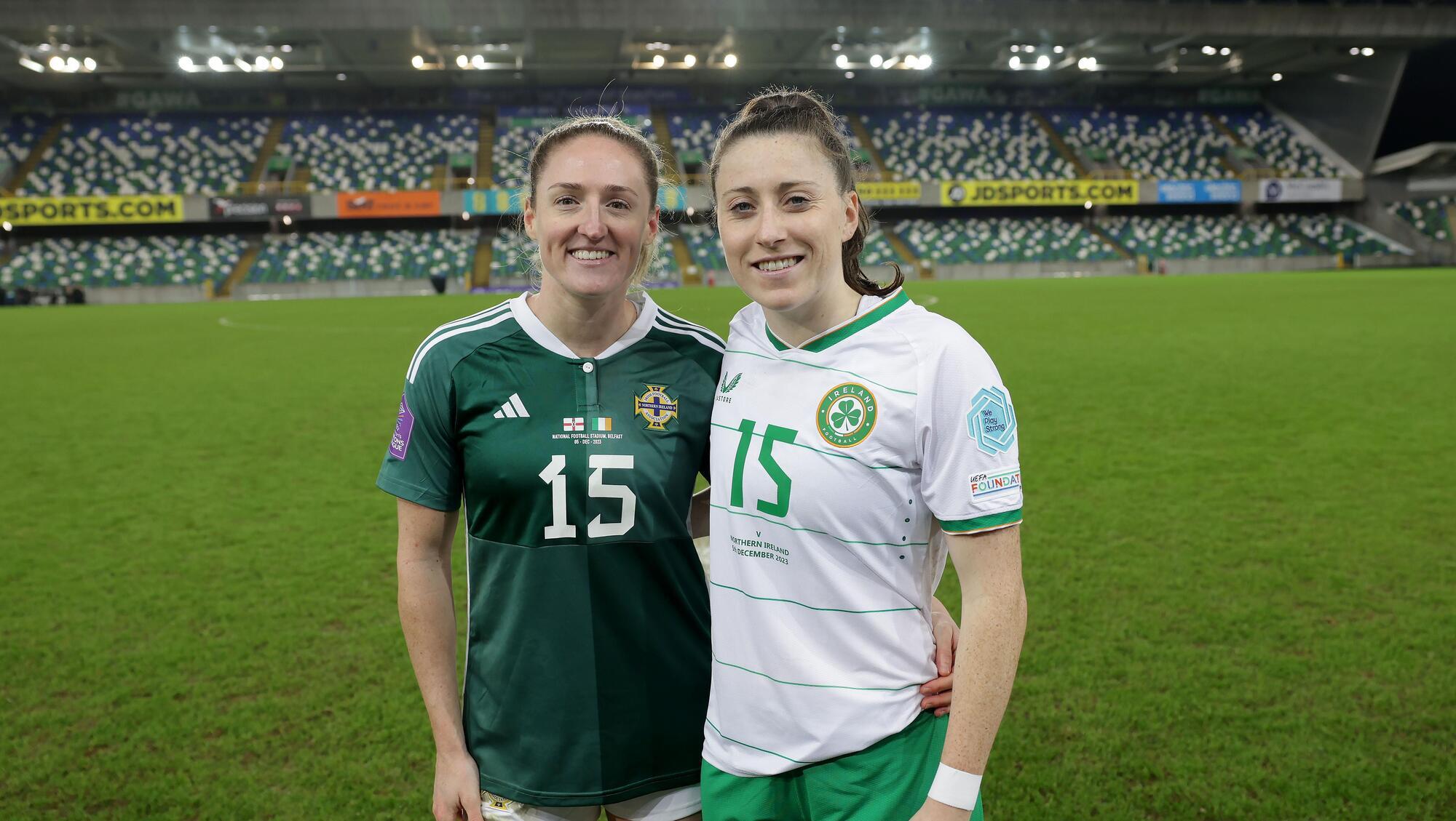 PARTNERS: Northern Ireland’s Rebecca Holloway with Republic of Ireland’s Lucy Quinn. Pic: ©INPHO/Presseye/William Cherry