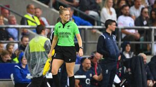 <p>Referee Hollie Davidson looks on. Pic: Clive Mason/Getty Images</p>