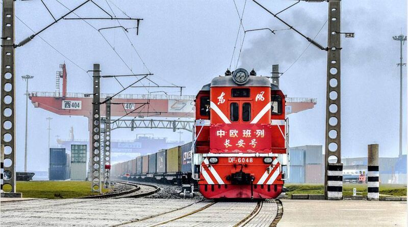A China-Europe freight train departs from the Xi'an Port of northwest China's Shaanxi Province in July, 2019.