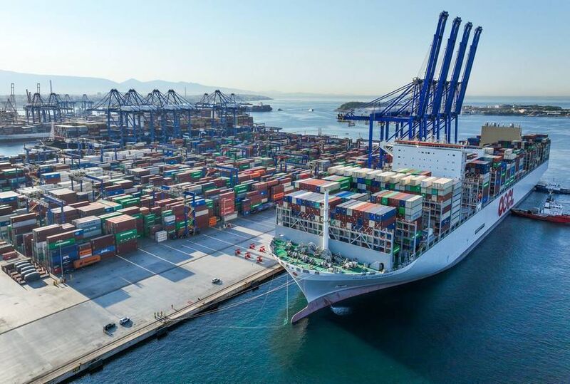 OOCL PIRAEUS, one of the largest container vessels in the world, arriving at Piraeus port in Piraeus, Greece on July 10, 2023.