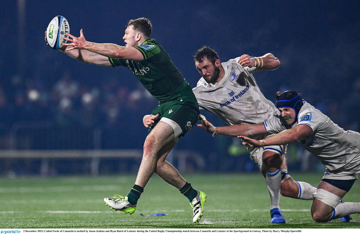 Cathal Forde of Connacht is tackled by Jason Jenkins and Ryan Baird of Leinster during the United Rugby Championship match between Connacht and Leinster. Photo by Harry Murphy/Sportsfile Cathal Forde of Connacht is tackled by Jason Jenkins and Ryan Baird of Leinster during the United Rugby Championship match between Connacht and Leinster. Photo by Harry Murphy/Sportsfile