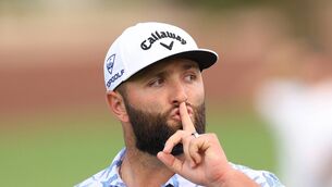 <p>STAYING QUIET: Jon Rahm of Spain gestures during the DP World Tour Championship on the Earth Course at Jumeirah Golf Estates on November 18, 2023 in Dubai, United Arab Emirates. (Photo by Andrew Redington/Getty Images)</p>
