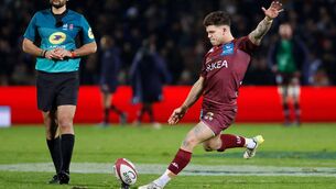 <p>Bordeaux-Begles' French fly-half Matthieu Jalibert kicks and scores a penalty.</p>