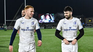 <p>NEW ERA: Ciarán Frawley and Harry Byrne of Leinster. Pic: Harry Murphy/Sportsfile</p>