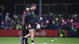 <p>INJURY BLOW: Mack Hansen of Connacht leaves the pitch. Pic: Seb Daly/Sportsfile</p>
