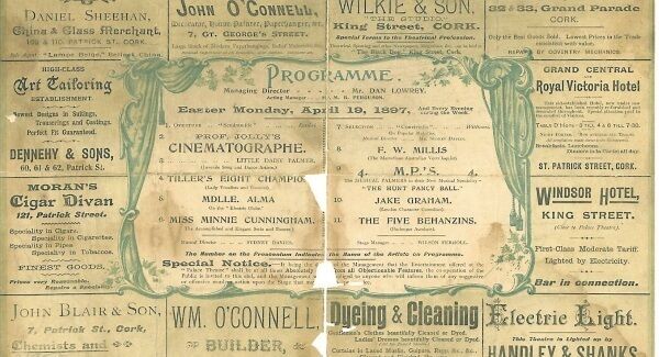 A page from the programme for the opening night of the Everyman in 1897, then the Dan Lowrey Palace of Varieties. Prof Jolly’s Cinematographe was an early version of cinema technology. The Windsor Hotel is advertised as ‘lighted by electricity’.