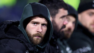 <p>SIDELINED: Connacht’s Mack Hansen during the closing moments of the game. Pic: ©INPHO/James Crombie</p>