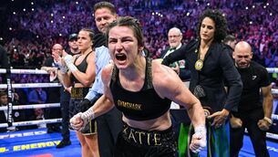 <p>BACK TO BACK? Katie Taylor celebrates defeating Chantelle Cameron in their undisputed super lightweight championship fight at the 3Arena in Dublin. Photo by Stephen McCarthy/Sportsfile</p>