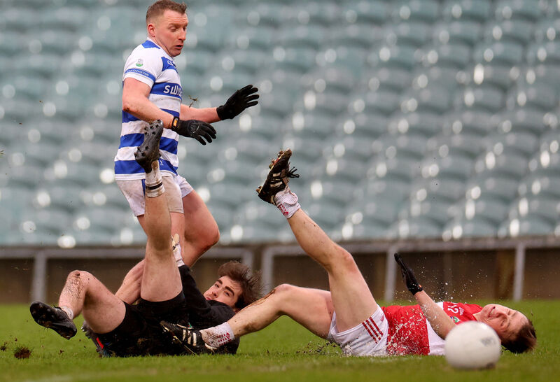 CLOSE CALL: Castlehaven’s Brian Hurley has his goal effort saved by Dingle keeper Gavin H Curran and Matthew Flaherty in SUnday's Munster Club SFC final at the TUS Gaelic Grounds.