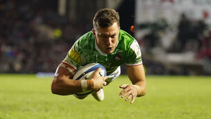 <p>FLYING BOK: Leicester Tigers' Handre Pollard scores their side's third try of the game. Pic: Mike Egerton/PA Wire.</p>