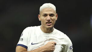 <p>AT THE DOUBLE: Tottenham's Richarlison celebrates. Pic: AP Photo/Ian Walton</p>