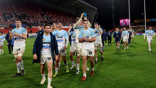 <p>The Bayonne team celebrate their draw at Thomond Park. Picture: INPHO/James Crombie</p>